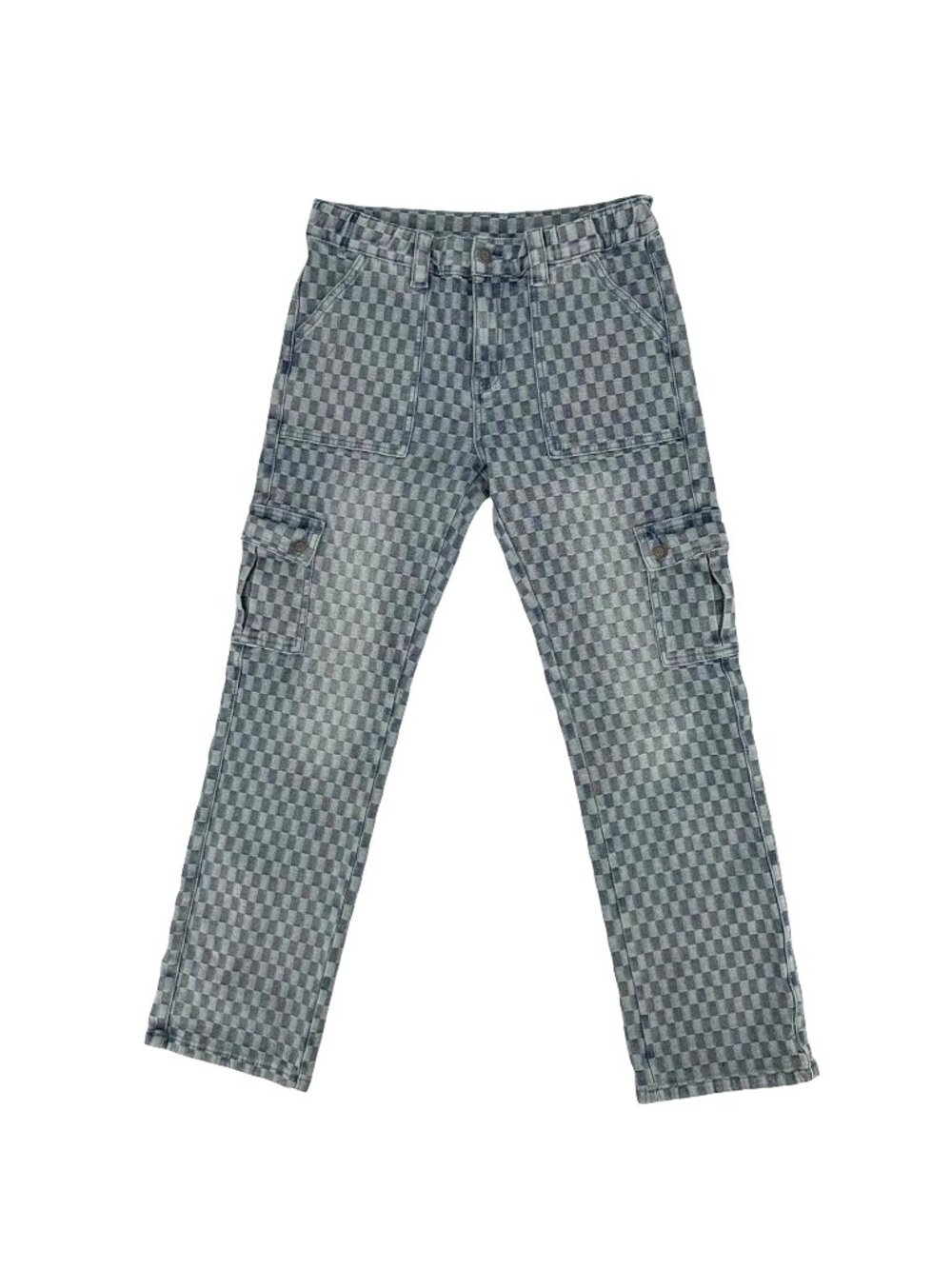 Anniewear Los Angeles Blue Grey Cotton Blend Checkered Denim Cargo Pants M